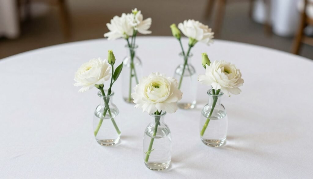 Minimalist wedding table centerpiece with small bud vases and simple white flowers