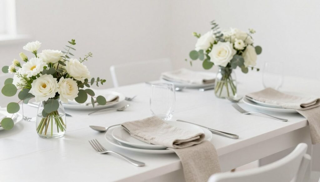 Minimalist wedding table with neutral color palette and subtle green accents