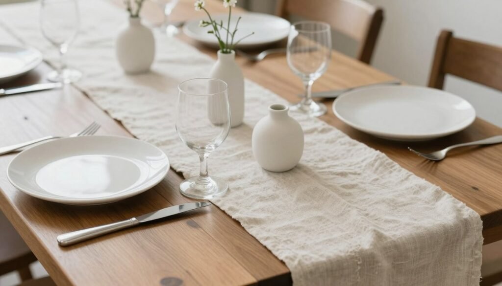 Minimalist wedding table with textured neutral linen runner and simple place settings