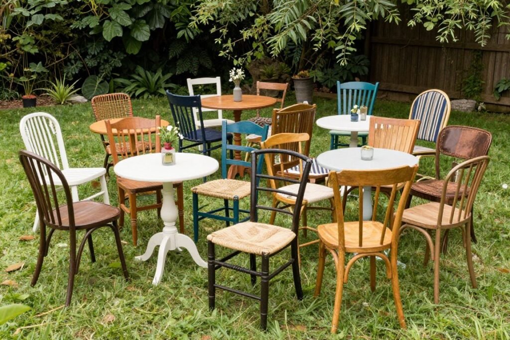 Mismatched vintage chairs at backyard wedding