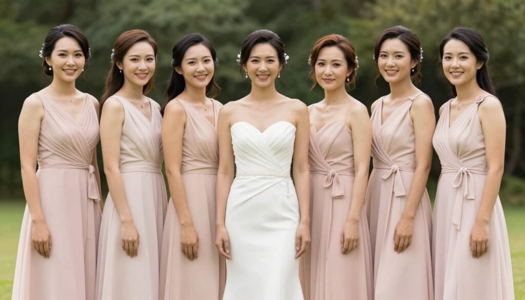 Mix and match blush pink bridesmaid dresses in coordinated styles