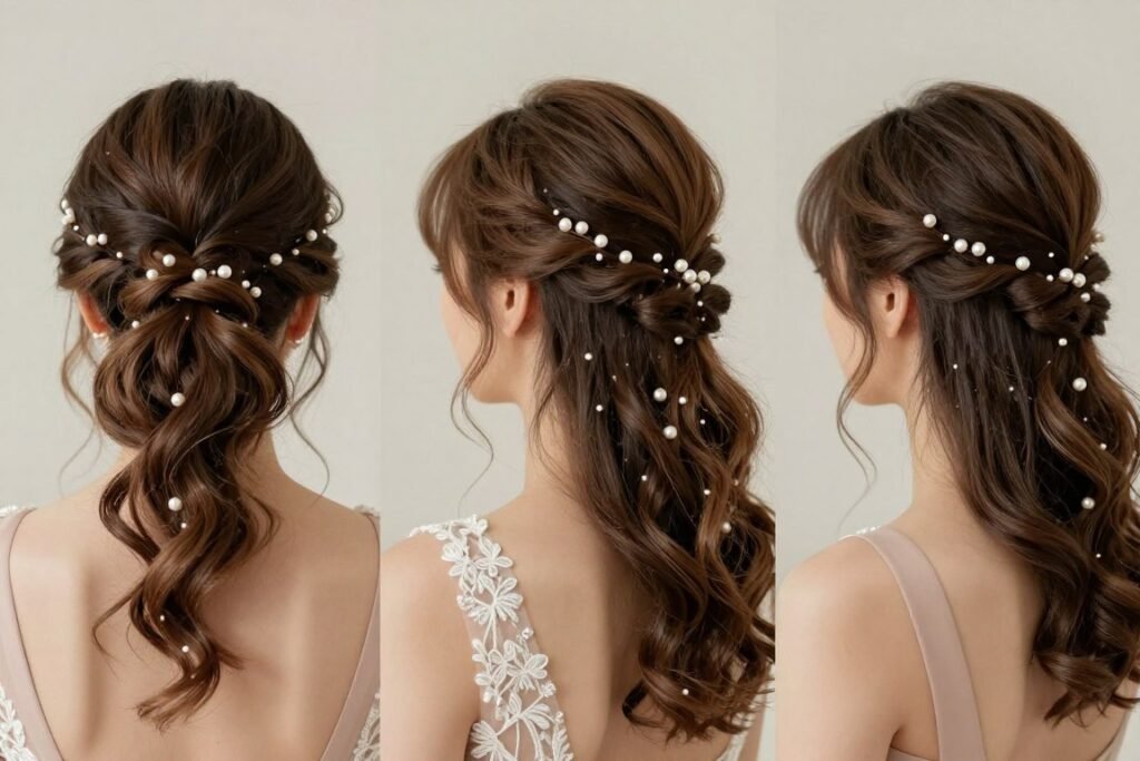 Mix of bridesmaid hairstyles with unifying accessories creating cohesive wedding look