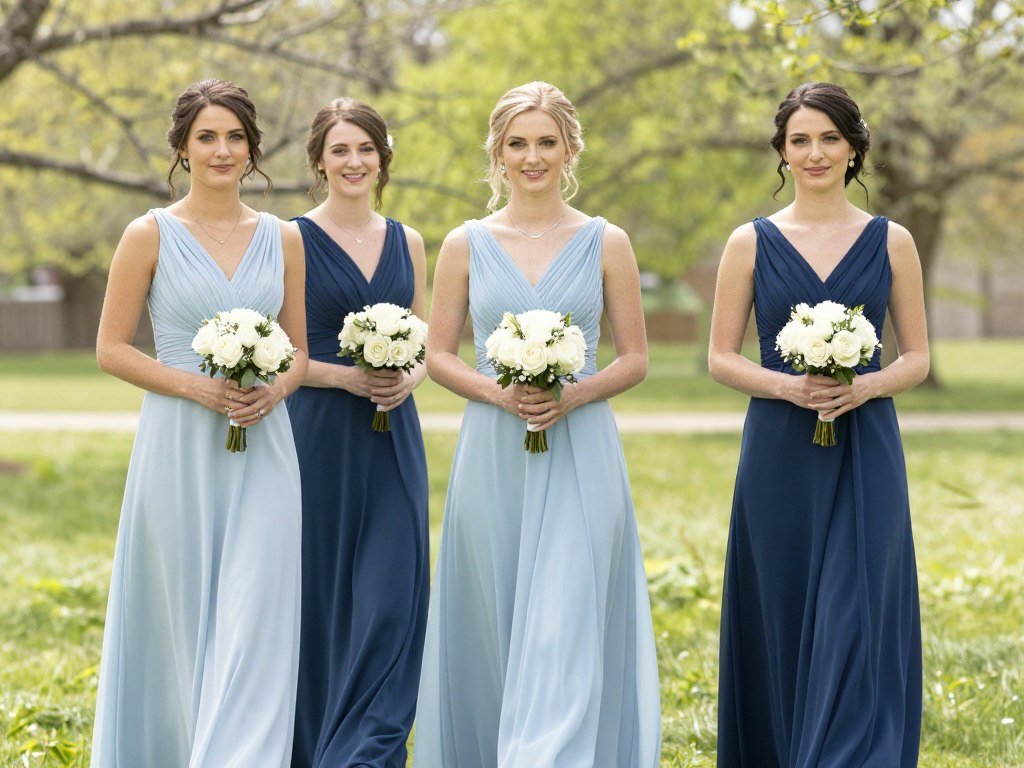Mixed blue tones bridesmaid dresses spring wedding