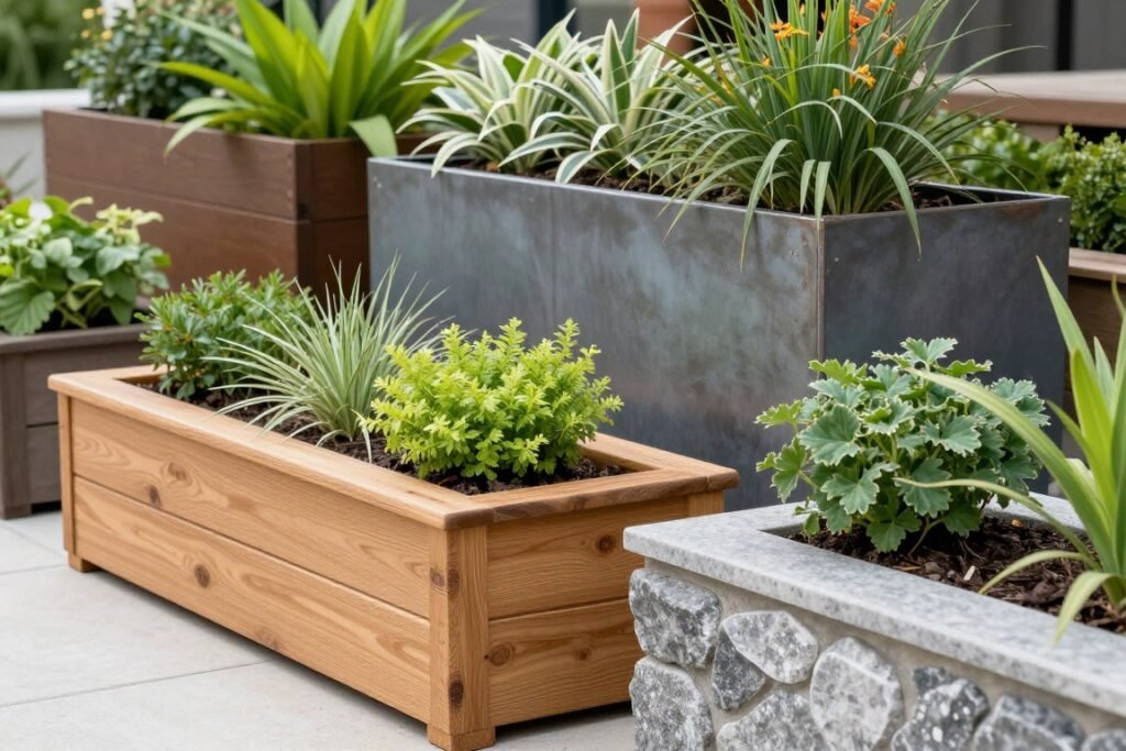 Mixed material garden display with cedar and metal planters Mixed material garden display with cedar and metal planters