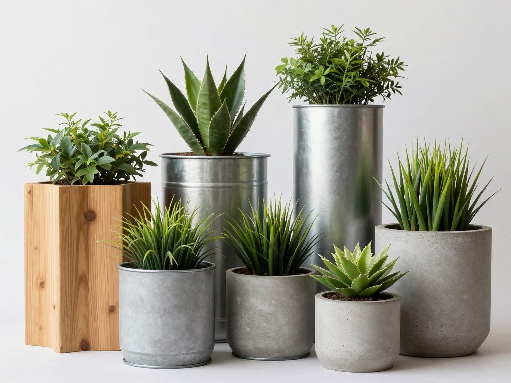 Mixed material privacy planters combining wood, metal and concrete