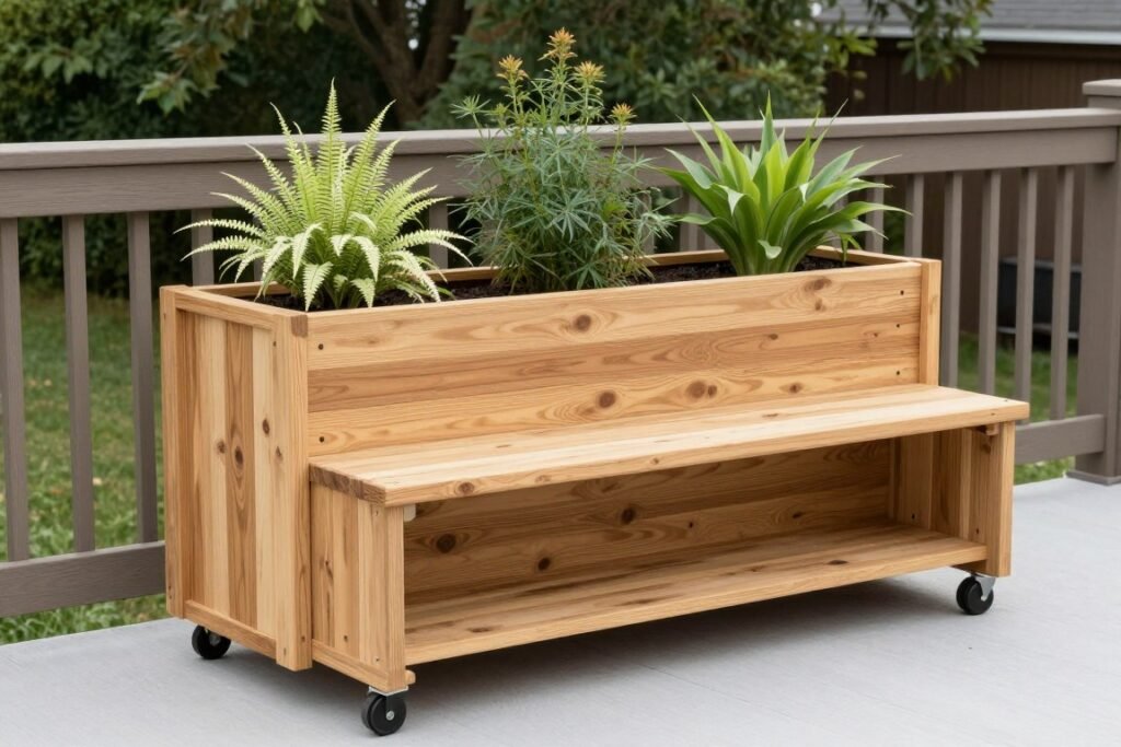 Mobile privacy planter on casters with built-in bench