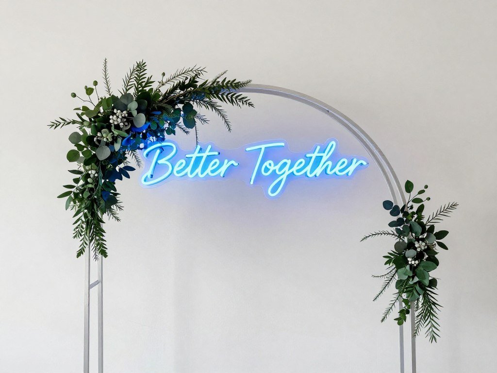 Modern arch decoration wedding with neon sign saying 'Better Together'