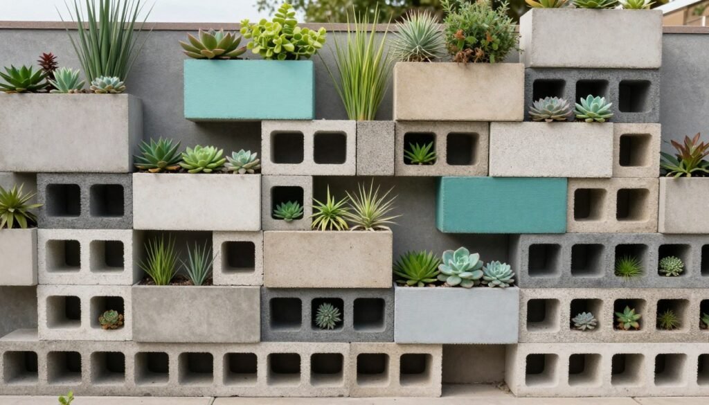 Modern arrangement of painted cinder blocks as a planter wall with succulents and small plants Modern arrangement of painted cinder blocks as a planter wall with succulents and small plants