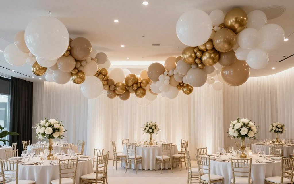 Modern balloon installation with organic design at wedding