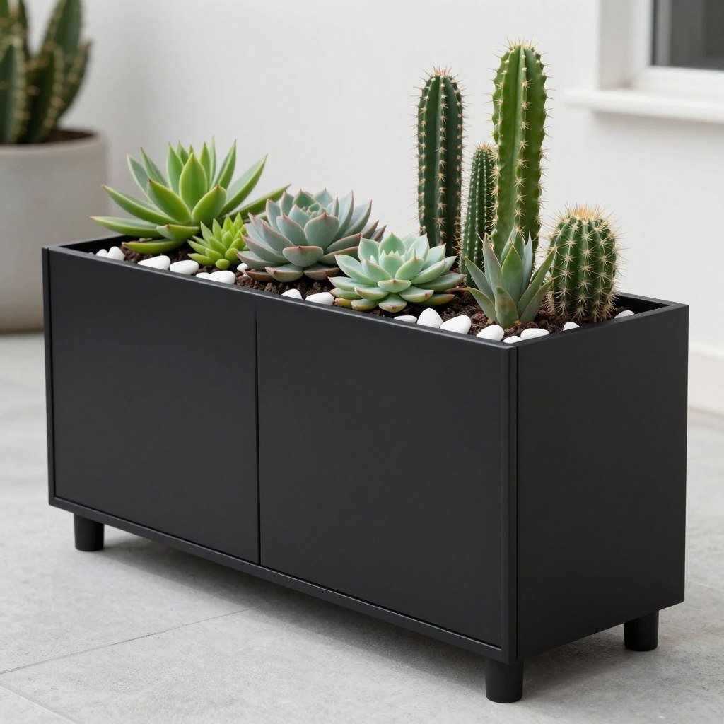 Modern black file cabinet planter with succulents