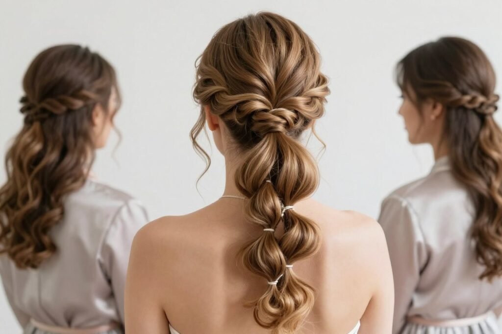 Modern bubble ponytail bridesmaid hairstyle for contemporary wedding