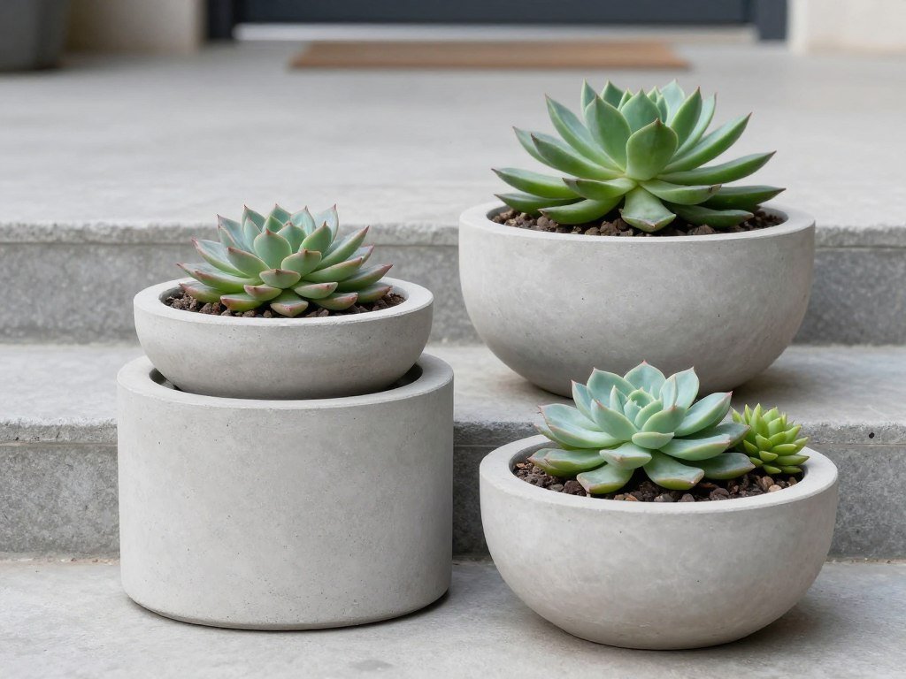 Modern concrete bowl planters with succulents on outdoor steps Modern concrete bowl planters with succulents on outdoor steps