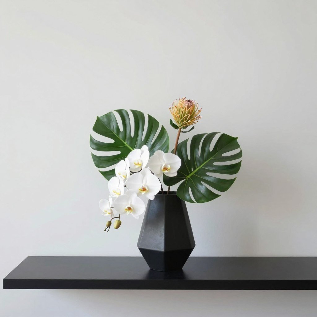 Modern fake flowers decor with minimalist orchids and geometric vase in a contemporary setting Modern fake flowers decor with minimalist orchids and geometric vase in a contemporary setting