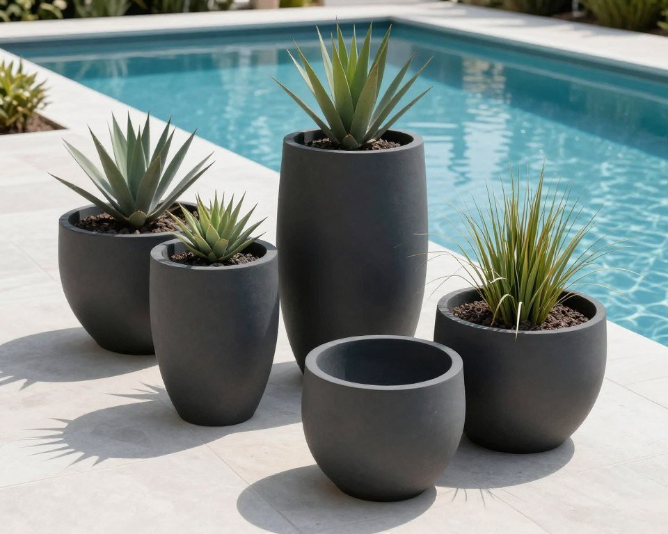 Modern fiberglass planters in various sizes arranged around a contemporary pool Modern fiberglass planters in various sizes arranged around a contemporary pool