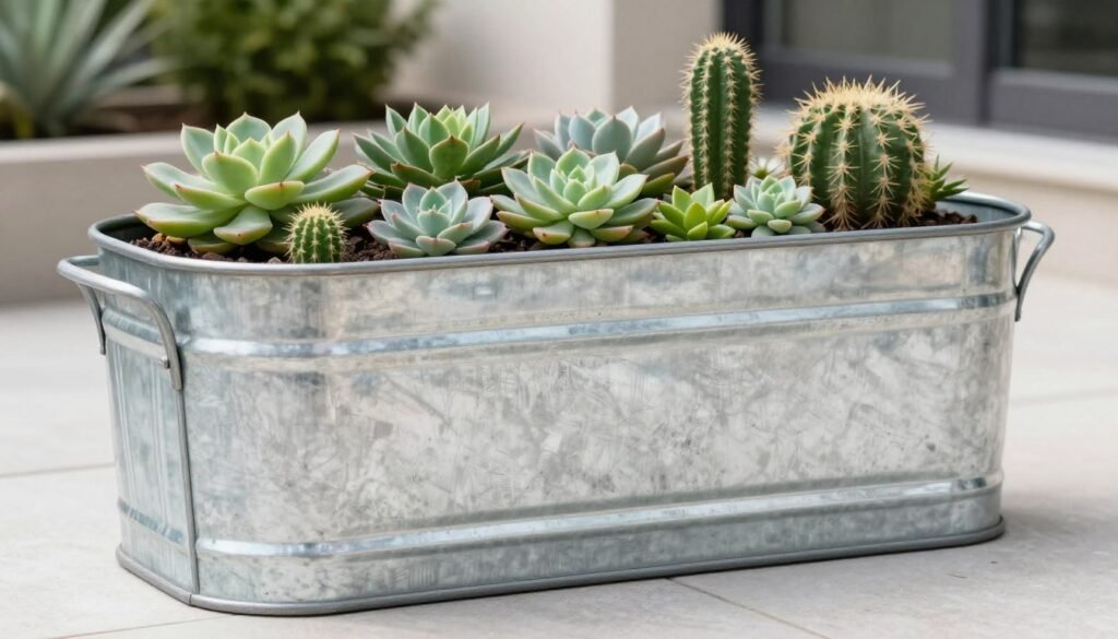 Modern galvanized metal planter box with succulents in a contemporary garden setting Modern galvanized metal planter box with succulents in a contemporary garden setting