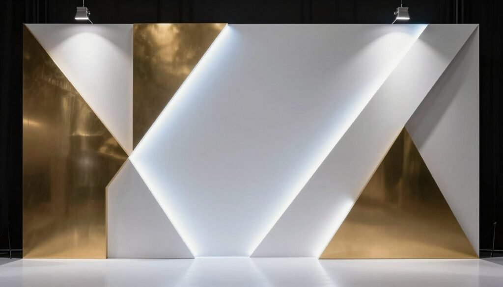 Modern geometric backdrop with metallic elements and lighting Modern geometric backdrop with metallic elements and lighting