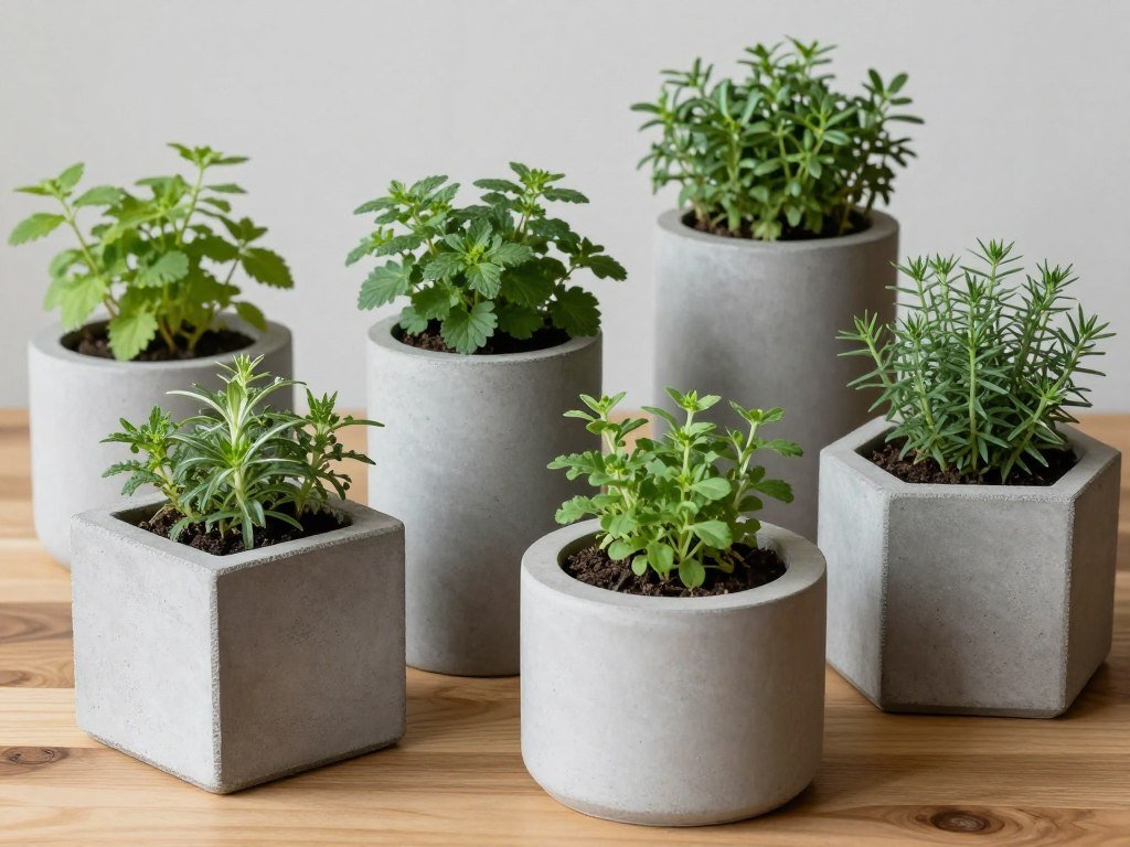 Modern geometric concrete planters in different shapes and sizes with herbs growing in them, arranged on a wooden surface Modern geometric concrete planters in different shapes and sizes with herbs growing in them, arranged on a wooden surface