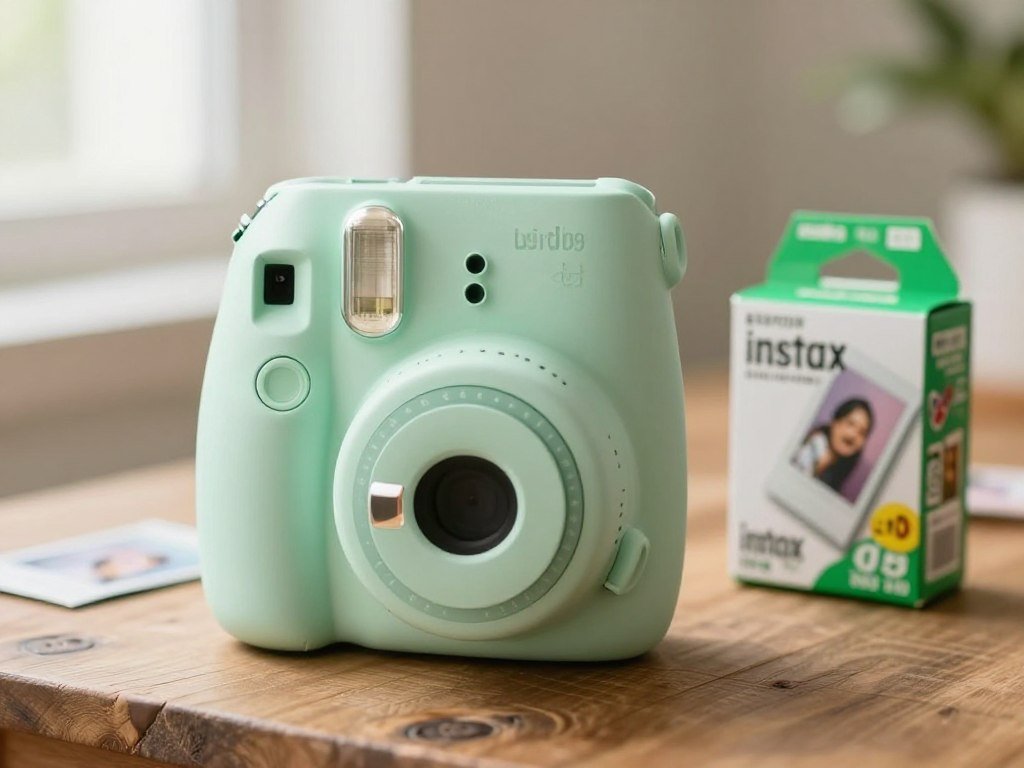Modern instant camera with polaroid film pack on wooden table Modern instant camera with polaroid film pack on wooden table