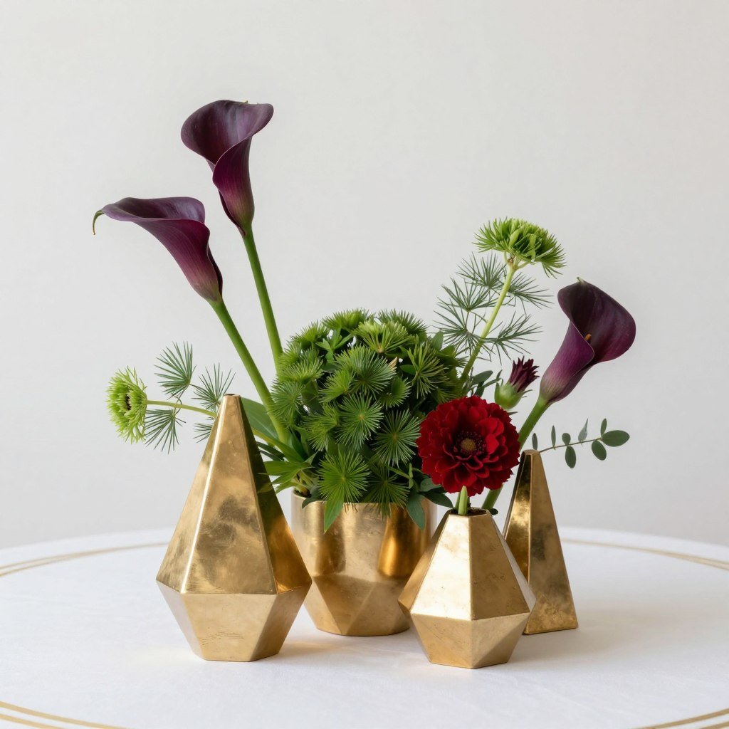 Modern jewel tone centerpiece with structured flowers in geometric vessels Modern jewel tone centerpiece with structured flowers in geometric vessels