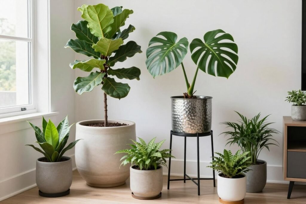 Modern living room corner with large statement planters featuring fiddle leaf fig and monstera plants Modern living room corner with large statement planters featuring fiddle leaf fig and monstera plants