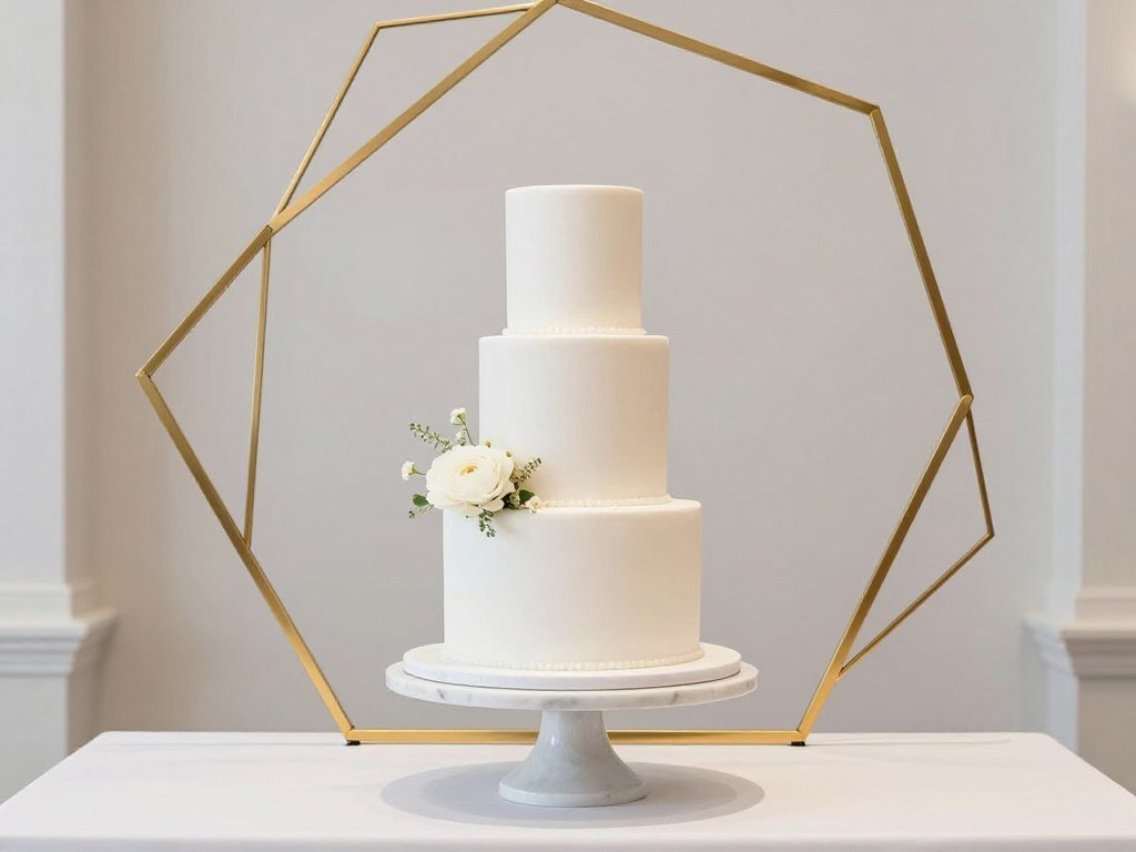 Modern minimalist cake table with geometric decorations