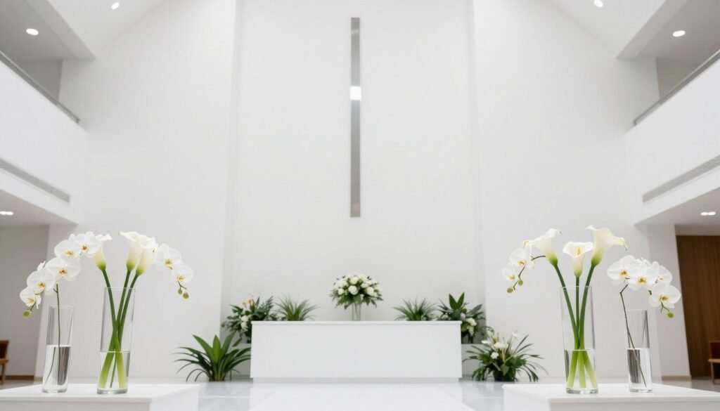 Modern minimalist church wedding with geometric elements and white flowers