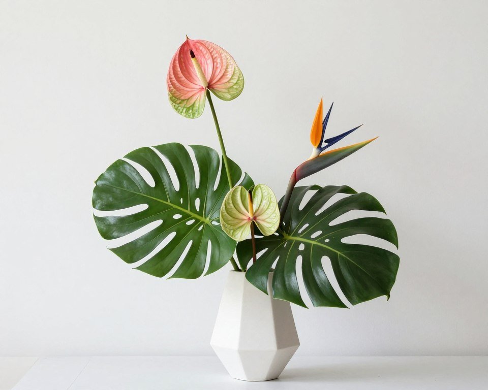 Modern minimalist floral arrangement with tropical leaves