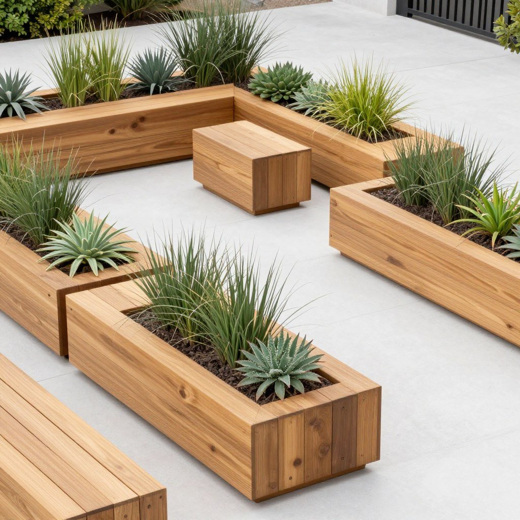 Modern minimalist patio with geometric cedar planters Modern minimalist patio with geometric cedar planters