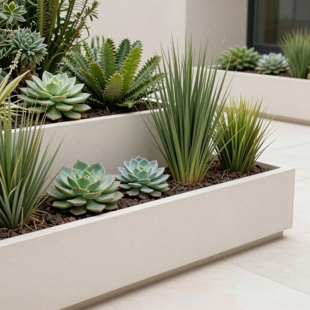 Modern minimalist planter boxes with architectural plants Modern minimalist planter boxes with architectural plants