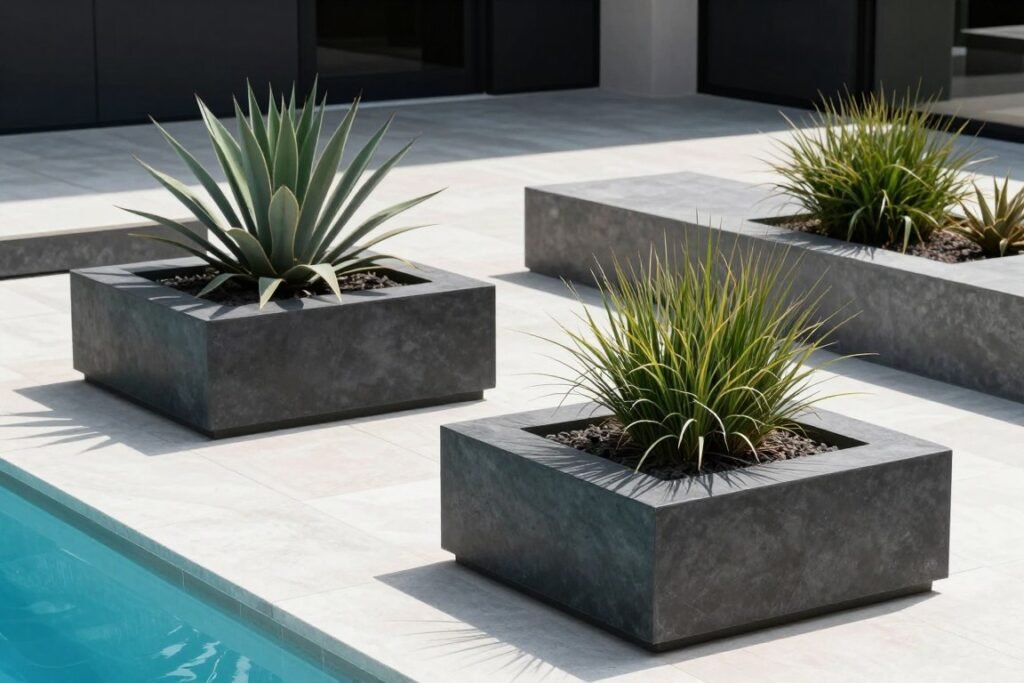 Modern minimalist pool area with large geometric planters containing architectural plants Modern minimalist pool area with large geometric planters containing architectural plants