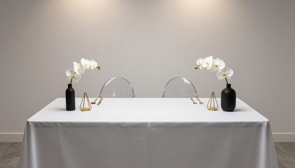 Modern minimalist sweetheart table with geometric gold accents, white flowers, and acrylic ghost chairs Modern minimalist sweetheart table with geometric gold accents, white flowers, and acrylic ghost chairs