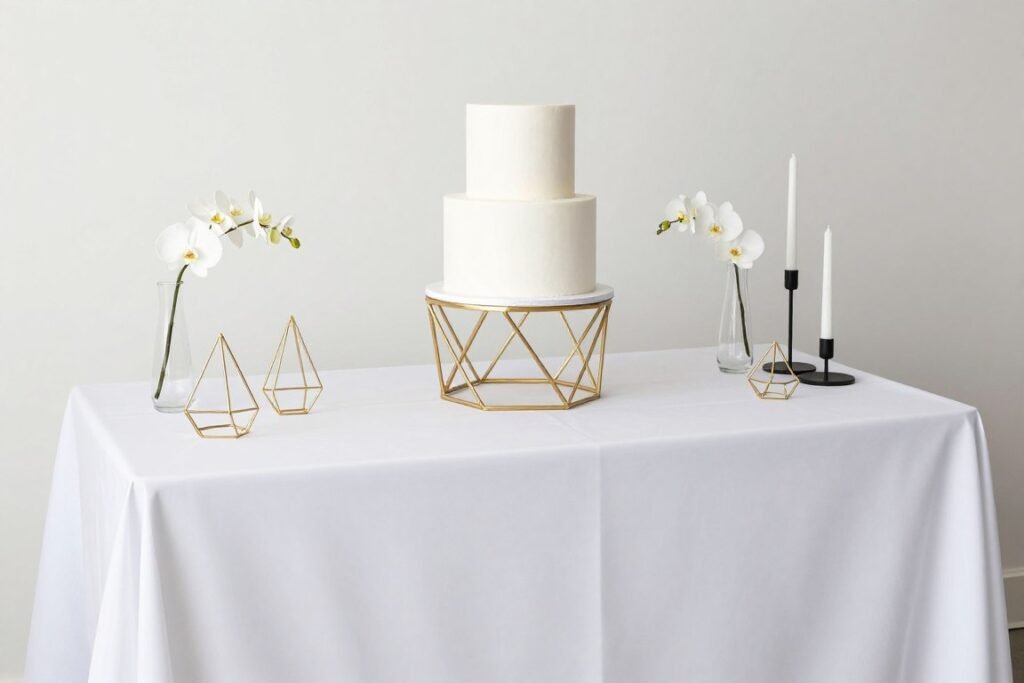Modern minimalist wedding cake table with geometric elements, clean lines, and strategic floral accents