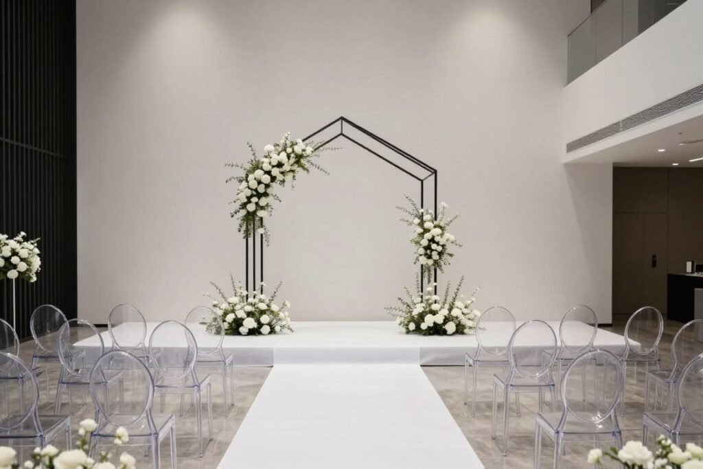 Modern minimalist wedding ceremony with geometric arch and clean lines