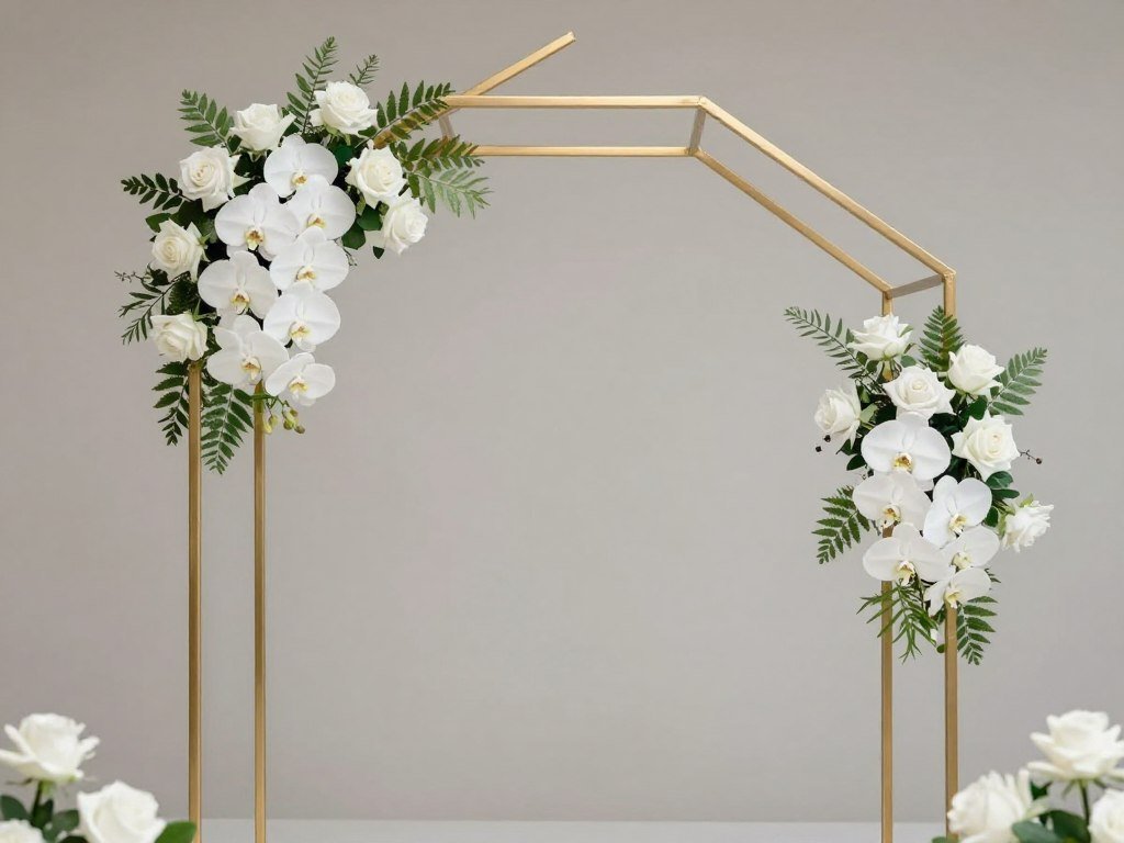 Modern minimalist wedding entrance with geometric arch and focused floral arrangements Modern minimalist wedding entrance with geometric arch and focused floral arrangements