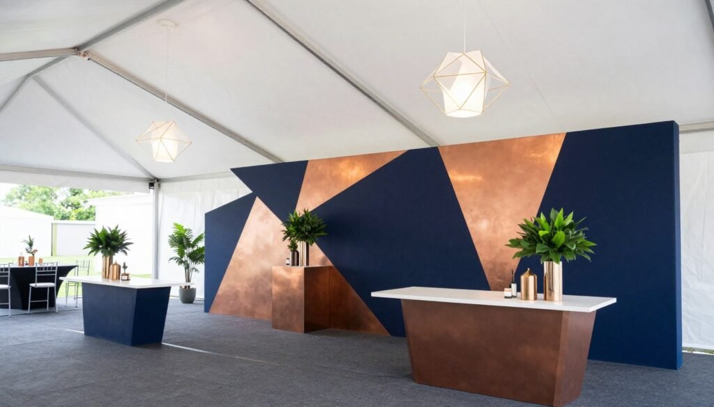 Modern party tent with geometric decorations and clean lines