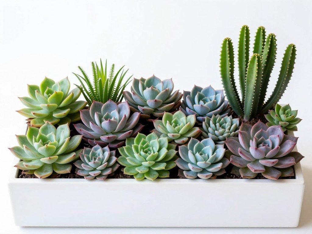 Modern planter box with arrangement of diverse succulents in various colors and forms Modern planter box with arrangement of diverse succulents in various colors and forms