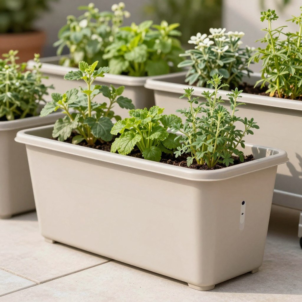 Modern plastic self-watering planter boxes with herbs Modern plastic self-watering planter boxes with herbs