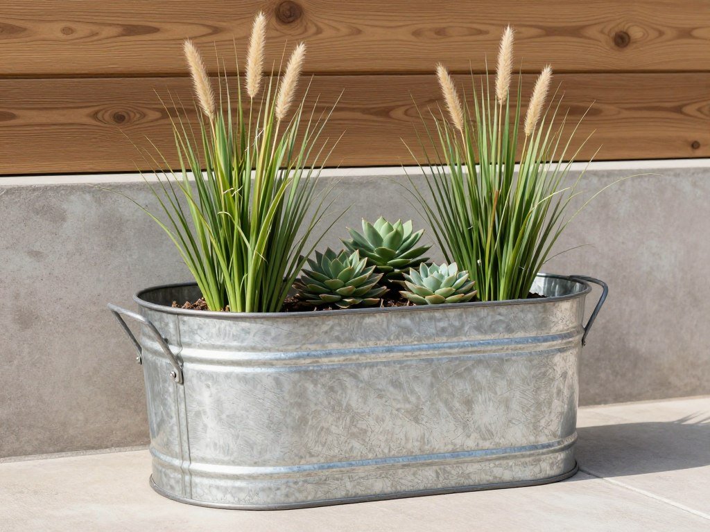 Modern rustic galvanized tub planter with minimalist plants