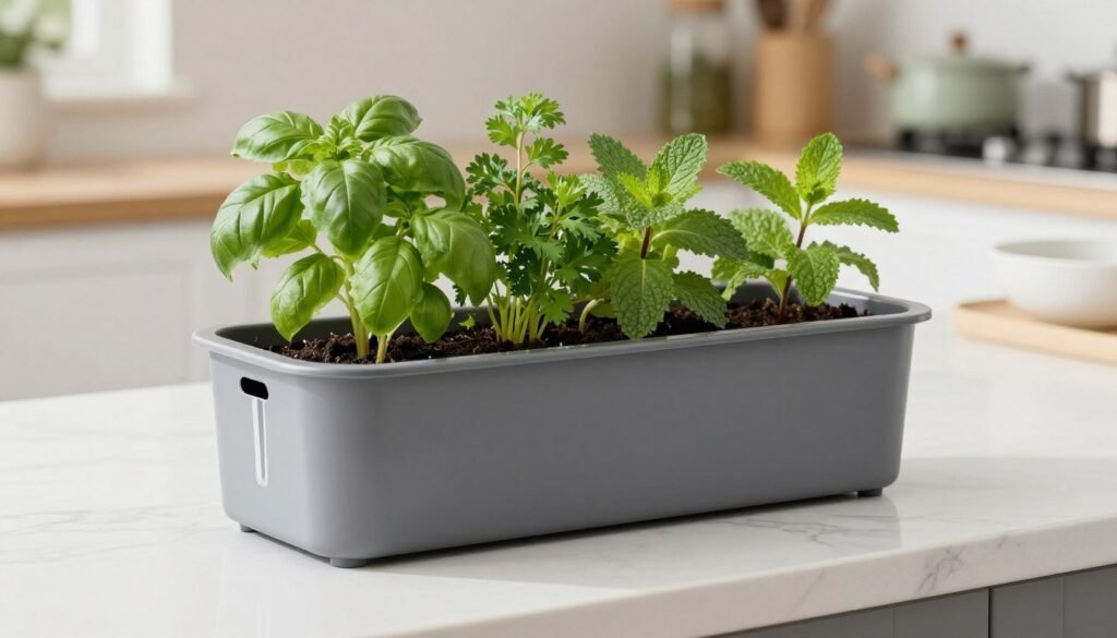 Modern self-watering planter box with herbs growing on a kitchen countertop Modern self-watering planter box with herbs growing on a kitchen countertop