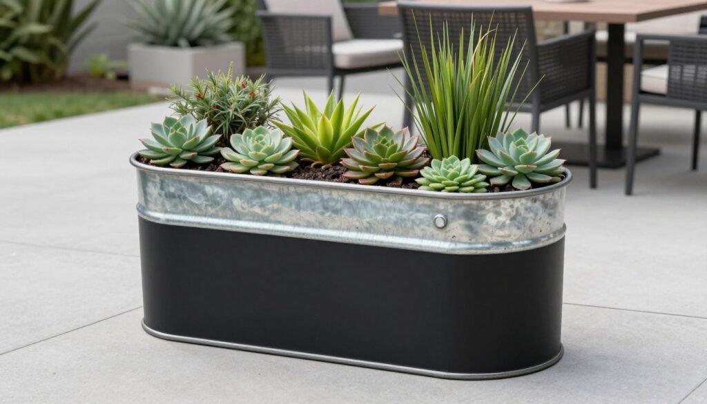 Modern styled wash tub planter with clean lines and succulents in a contemporary garden setting
