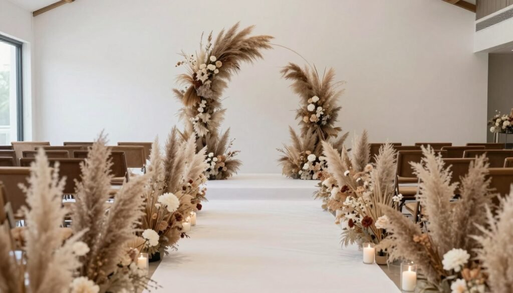 Modern wedding aisle with pampas grass, dried flowers, and minimalist design