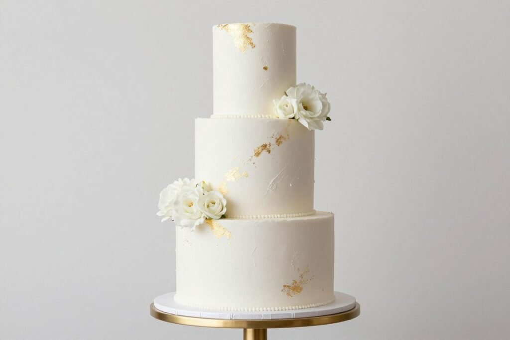 Modern wedding cake with textured white fondant, subtle metallic details, and fresh flowers as simple accent Modern wedding cake with textured white fondant, subtle metallic details, and fresh flowers as simple accent