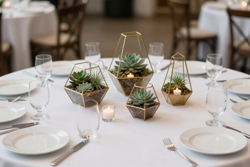 Modern wedding centerpiece with geometric terrariums and candles on round table