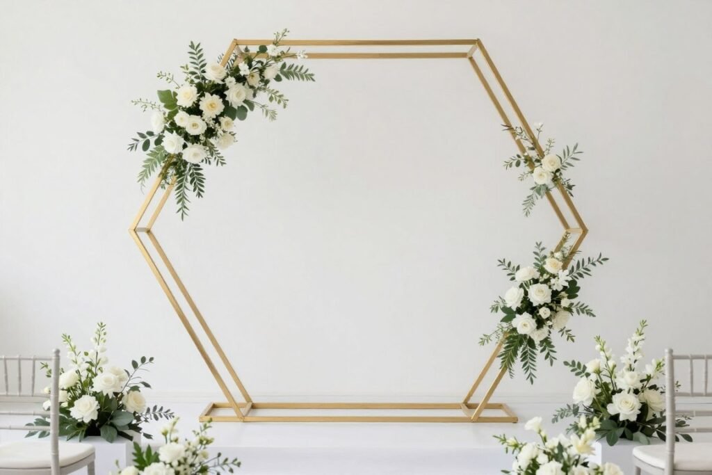 Modern wedding ceremony with a geometric gold hexagon backdrop with minimal florals