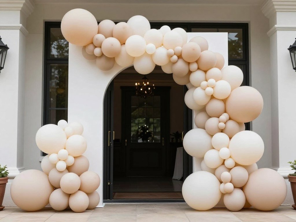 Modern wedding entrance with organic balloon installation in neutral colors Modern wedding entrance with organic balloon installation in neutral colors