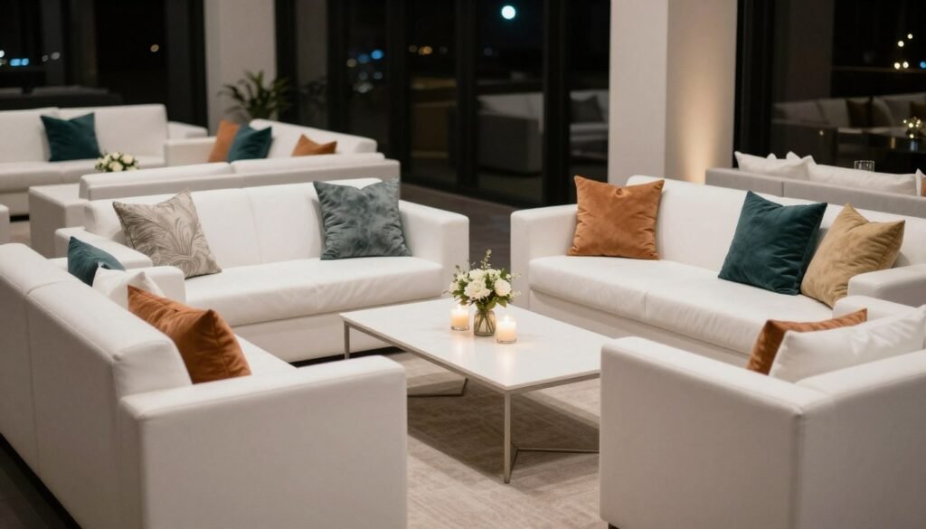 Modern wedding lounge area with white modular furniture and colorful accent pillows