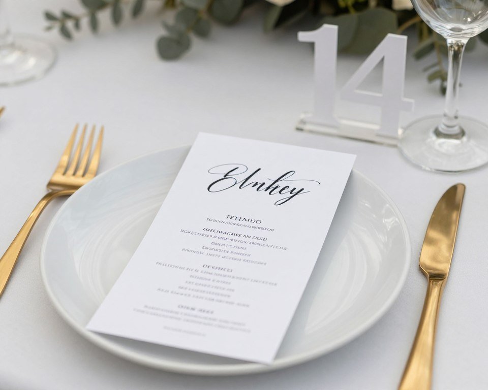 Modern wedding place setting with custom menu card and calligraphy