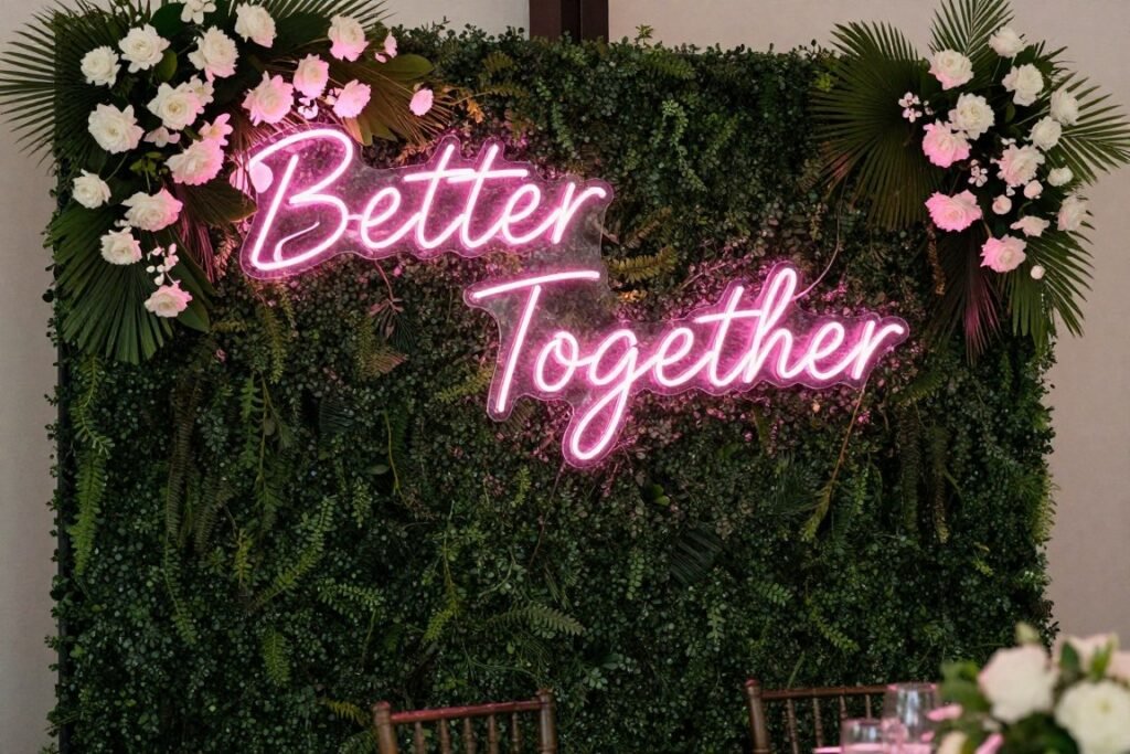 Modern wedding reception with a custom neon sign saying 'Better Together' against a floral backdrop