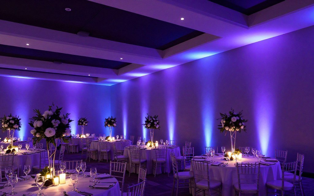 Modern wedding reception with colorful uplighting effects