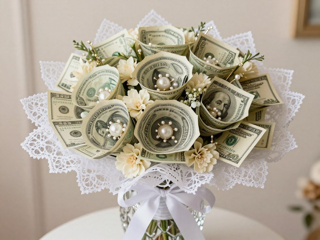 Money bouquet with pearl and lace wedding details